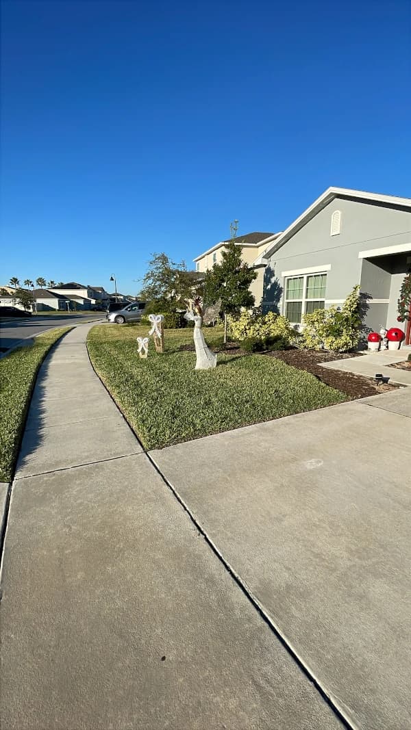 Neatly edged front lawn along a sidewalk and driveway at a Central Florida home