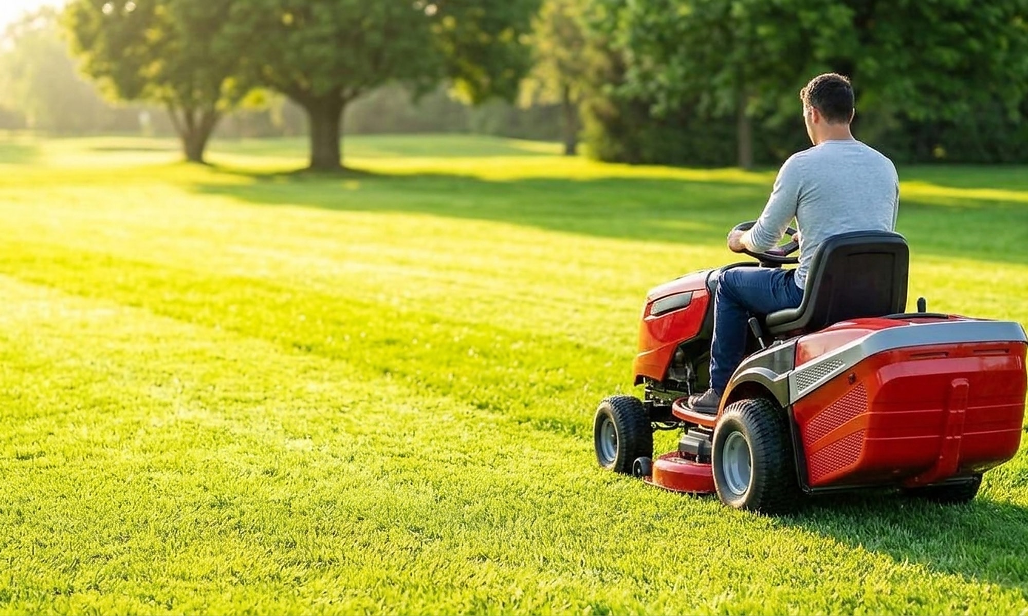 Red riding mower cutting a wide, sunlit lawn beneath shade trees